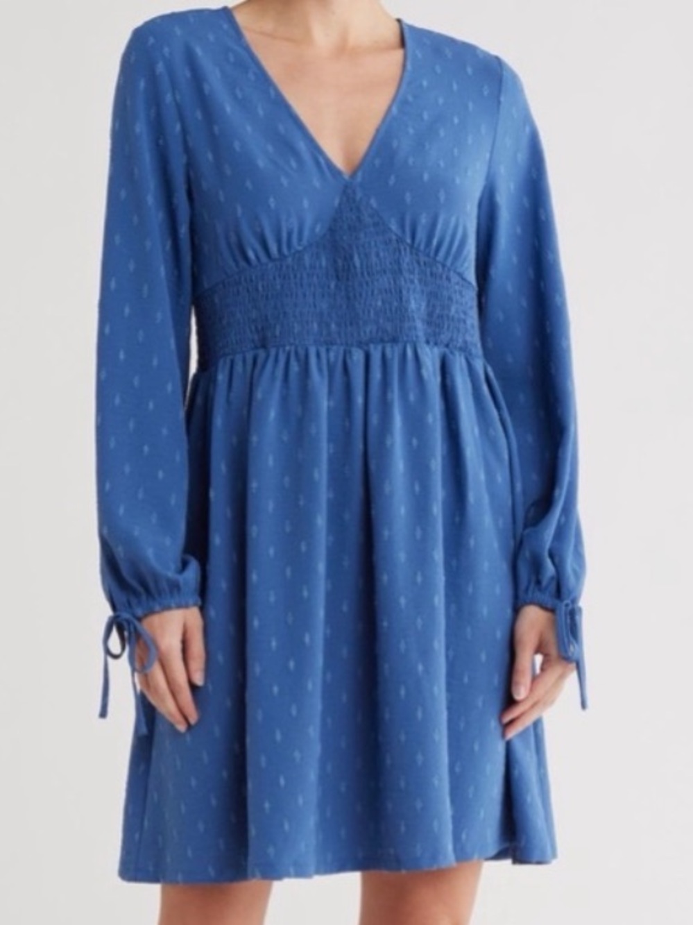 Melrose and Market Blue Smocked-Waist long V-Neck Dress mini long sleeve small s